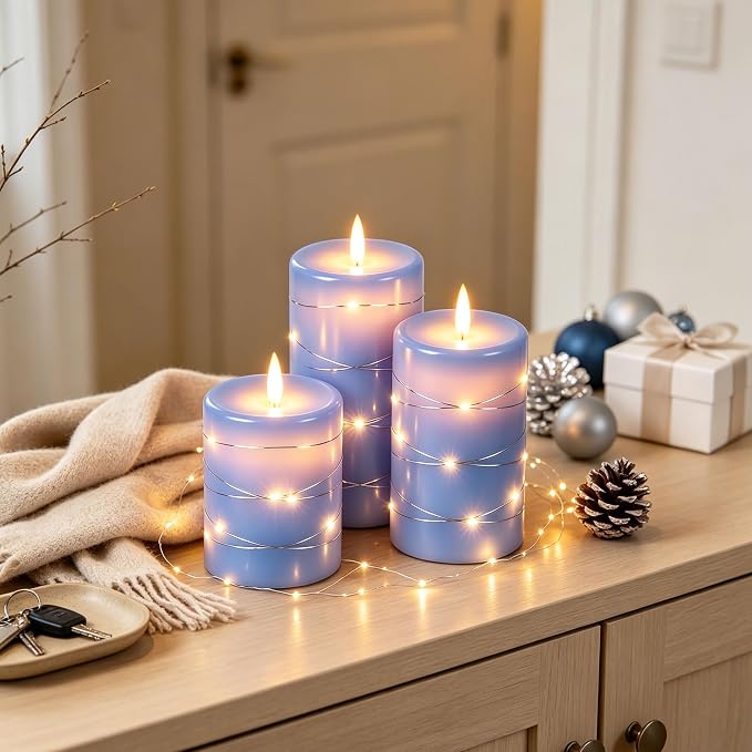 Da by 3 Pack Blue Real Wax Flameless Taper Candles, Lifelike Flickering LED Flame Candles with Surrounding Fairy String Lights, Soft Warm Battery Candles with Remote for Home Wedding Holiday Decor