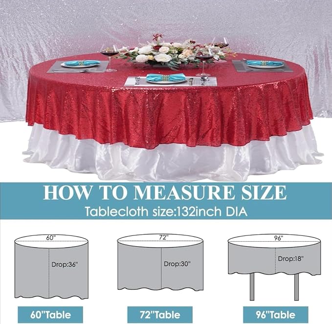 Red Sequin Tablecloth for Parties 132 Inch - Sparkle Glitter Cloth Round Table Cover Overlay for Wedding Baby Shower Ceremony Birthday Cake Table Holiday Banquet Decoration