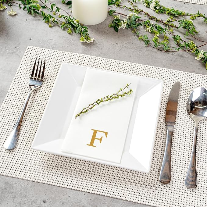 Luxenap 15.8 X 7.9 Inch Linen-Feel Guest Towels, 50 Lettered Hand Towels - Gold Letter 'F', Sans Serif Font, White Paper Dinner Napkins, airlaid, For Restrooms And Tables - Restaurantware