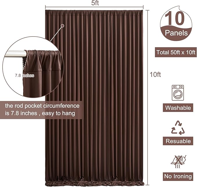10 Panels Brown Backdrop Curtain for Parties Wedding Wrinkle Free Brown Photo Curtains Backdrop Drapes Fabric Decoration for Birthday Party Baby Shower 50ft(W) x 10ft(H)