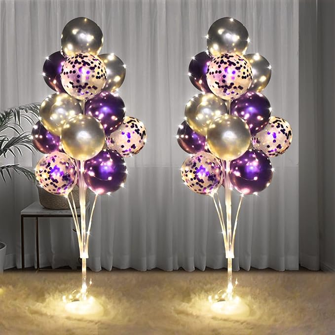 Cicicooie 2 Set Floor Balloon Stand Kit with String Light Balloon Holder Centerpieces Floor Decoration for Birthday Party Bachelorette Party (Purple&Silver)