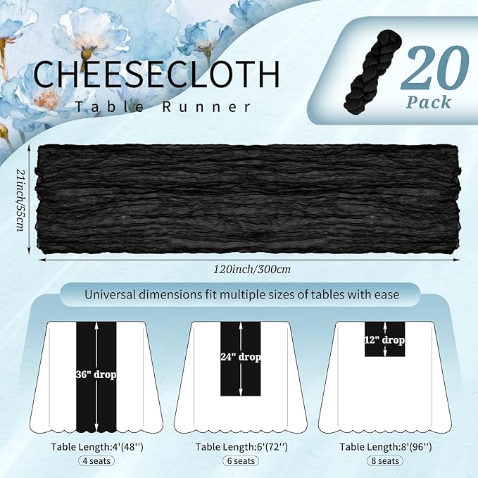 20 Pack Black Cheesecloth Table Runner 10FT Boho Gauze Cheese Cloth Table Runners Romantic Rustic Sheer Table Decorations for Wedding Party Baby Shower Birthday Holiday Home