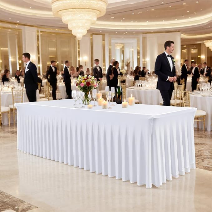 WJWHQ 5 Pack White Spandex Tablecloths, Stretch Fitted 6ft Table Cover (120 Inch) with Skirt, Wrinkle Free for Weddings, Parties, Banquets, Dining Fits 6 Foot Rectangle Tables