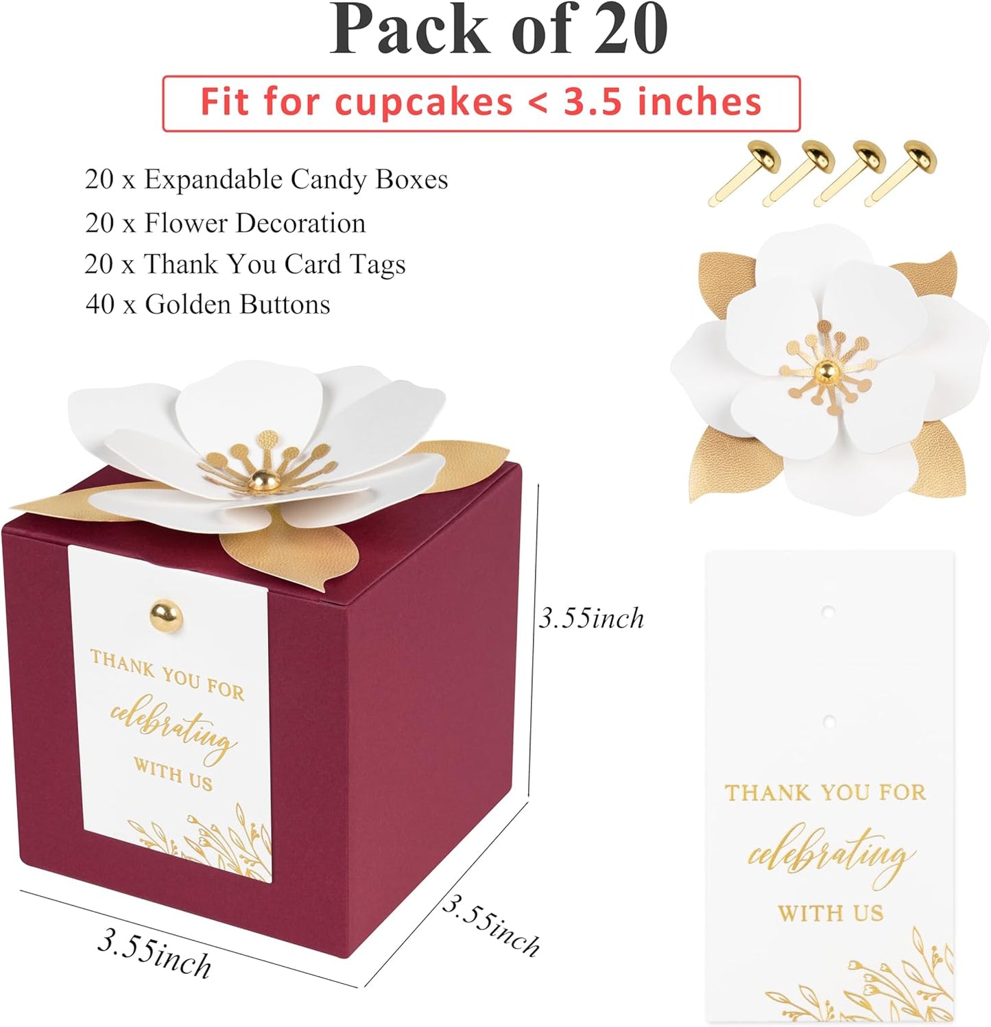 FEIYI 20 PCS Burgundy Gift Boxes, 3 In 1 Favor Boxes with Floral Decor, White Thank You Tags Cupcake Containers Gift wrapping for Wedding, Baby Shower, Birthday, Decorations Party - 3.55x3.55x3.55