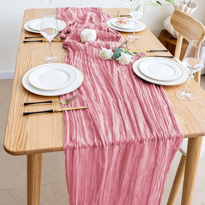 Wokceer Cheesecloth Table Runner 12Pack 10FT Dusty Rose Boho Gauze Cheese Cloth Table Runner for Party Long Rustic Sheer Table Runners for Baby Bridal Shower Wedding Easter Table Decor