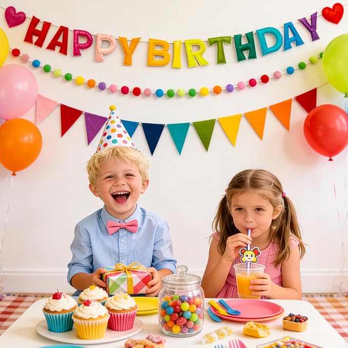 Colorful Pre-Strung 3D Happy Birthday Banner, 3 PCS Reusable Rainbow Party Decorations with Felt Ball Garland and Triangle Flags, Personalized Birthday Sign for Girl Boy Women Men