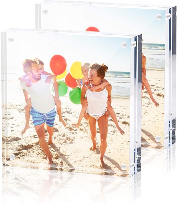 TWING 4x4 Acrylic Picture Frames 2 Pack, 20MM Thick Double Sided Magnetic Clear Photo Frame, HD Frameless Magnetic Photo Frame Display for Desktop Gift Ideal, Cleaning Cloth Included