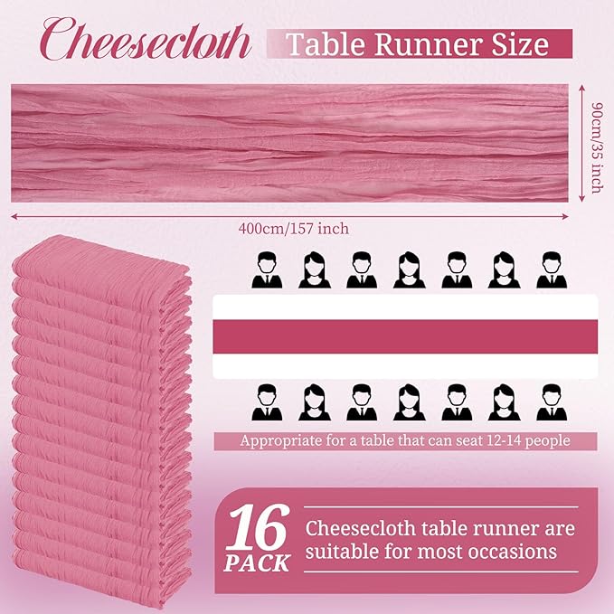 Pesonlook 16 Pack Cheesecloth Table Runner, 13Ft Boho Gauze Table Runner 35×157 Inch Rustic Romantic Long Table Runner for Wedding Party Bridal Shower Thanksgiving Christmas Decoration(Dusty Rose)