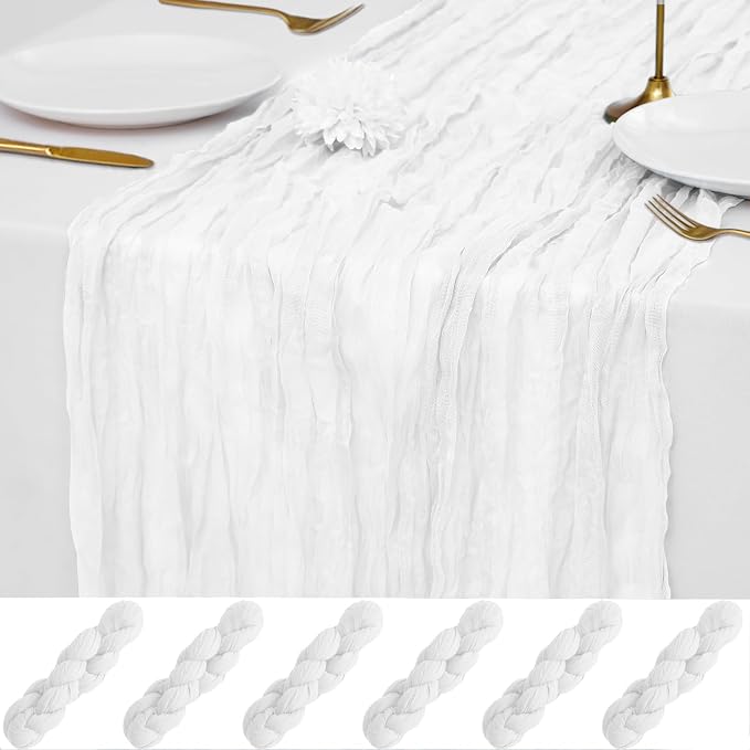 6 Pack White Cheesecloth Table Runner 21x120 Inches, Boho Gauze Rustic Semi Sheer Cheese Cloth Table Runners for Easter Wedding Bridal Baby Shower, Birthday Party, Long Farmhouse Table Decor