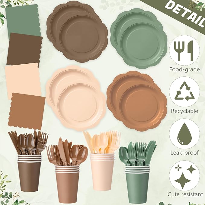 Ceenna 390 Pcs Woodland Baby Shower Decoration for 48 Guests, Sage Green and Brown Paper Plates Napkins Cups Tablecloth Cutlery Forest Tableware Utensil for Safari Jungle Neutral Camo Birthday Wedding