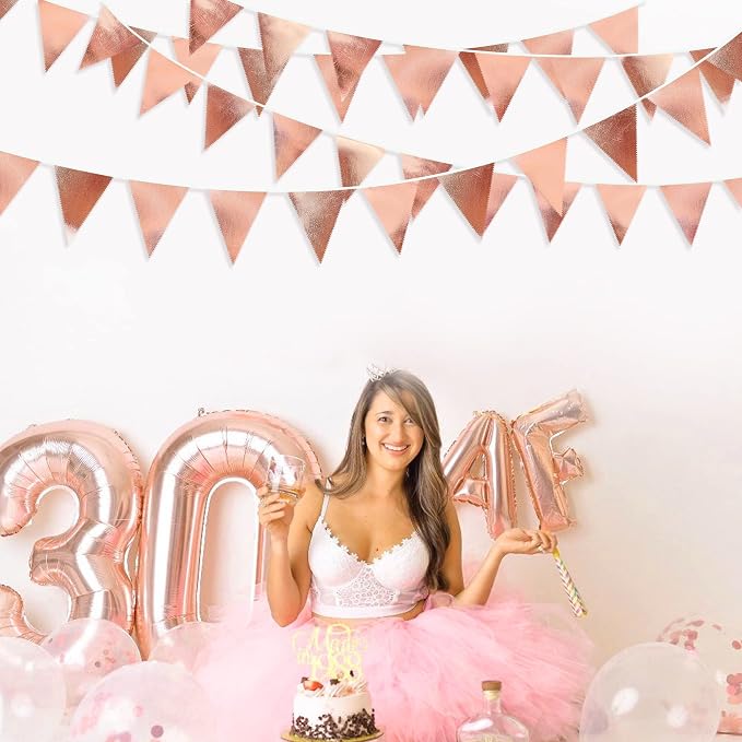 Rose Gold Party Decorations Metallic Fabric Triangle Pennant Banner Blush Pink Flag Bunting Garland for Wedding Birthday Anniversary Bridal Shower Engagement Graduation Hen Party Decorations Supplies