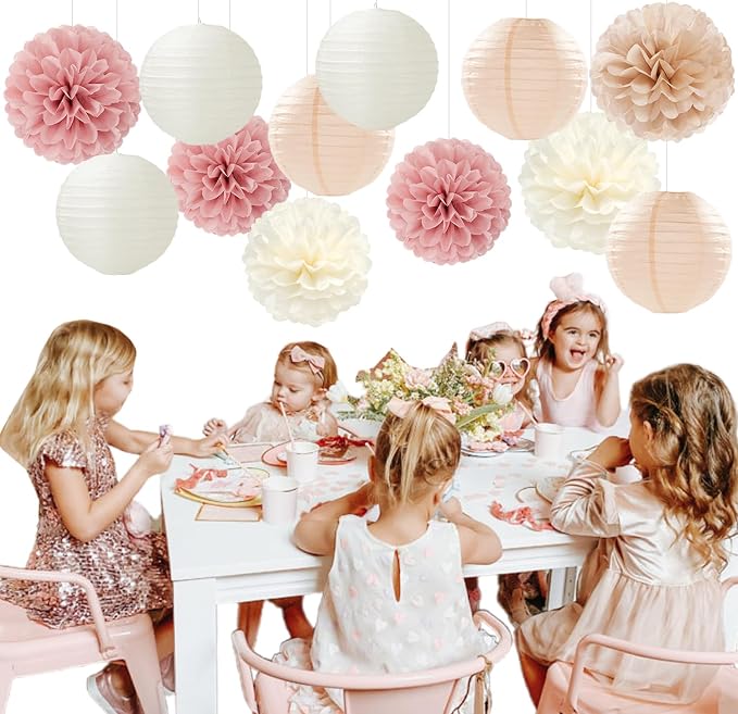 Rose Gold Pink Beige Champagne Party-Decorations Paper Lanterns Panduola | 15pc Tea Party Backdrop Boho Birthday Bachelorette Bridal Baby Shower Engagement Wedding Decor Tissue Pom Poms Streamers