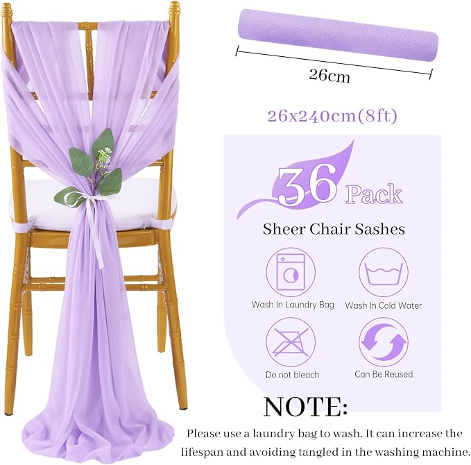 QueenDream Wedding Aisle Chair Sashes Decorations 36 Pieces Light Purple Soft Chair Sashes Tulle Chairs Covers with Artificial Eucalyptus