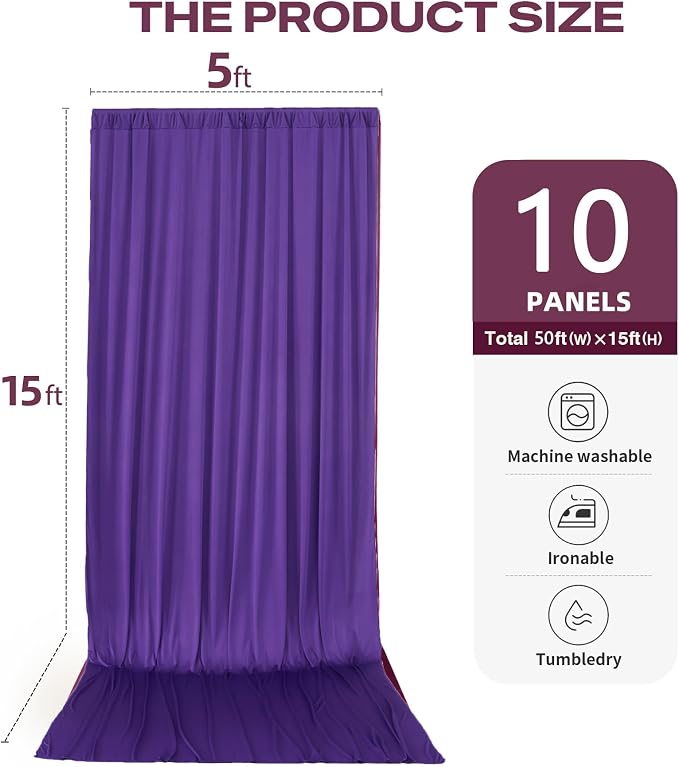 50ftx15ft Purple Backdrop Curtains for Parties, Wrinkle Free Polyester Purple Photo Backdrop Drapes 10 Panels 15 ft Long Back Drop Cloth for Wedding Birthday Photography Background Party