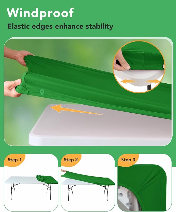 KeyWave Fitted Tablecloth Rectangle Table Cloths - 6 Pack 6 Foot Elastic Stretch Folding Table Top Cover Water-Resistant Reusable for Outdoor Picnic Camping Party Event, Green, 72" L x 30" W