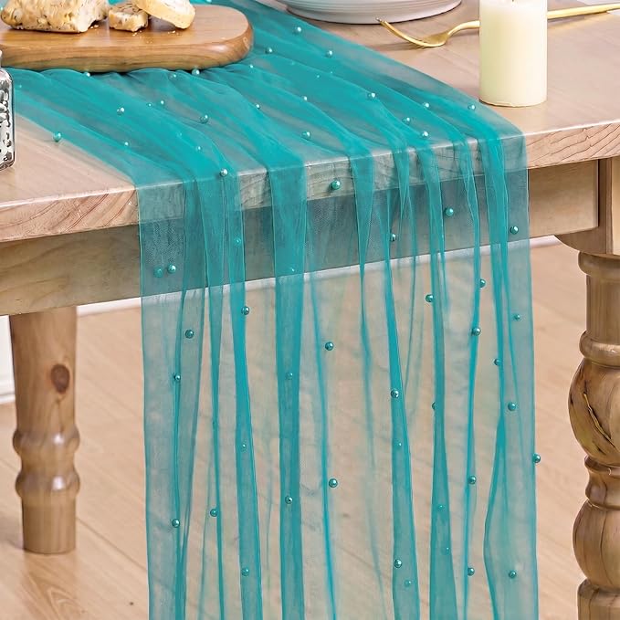 Artoid Mode Pearl Teal Gauze Table Runner 120 Inch 10FT, Seasonal Sheer Dining Holiday Wedding Birthday Baby Shower Table Decor for Home Party