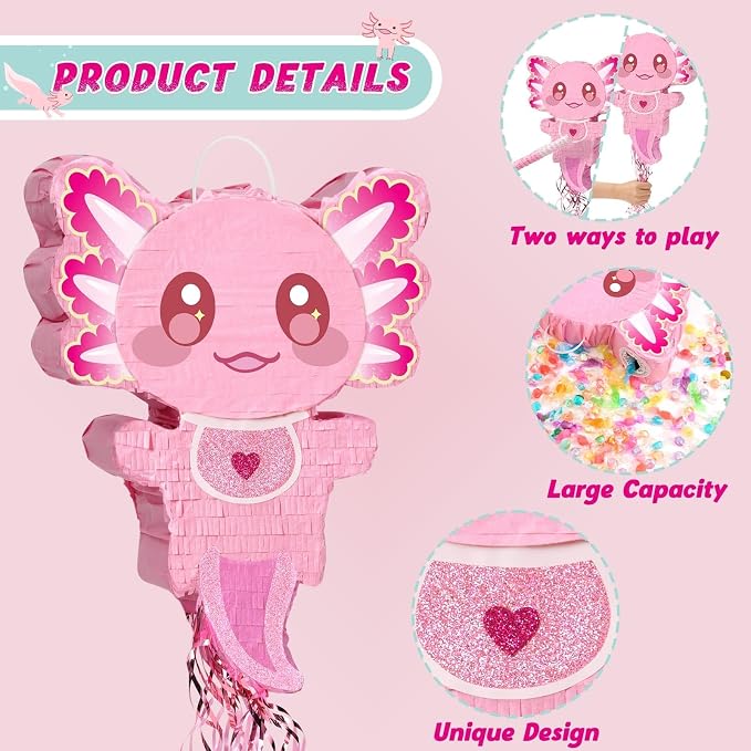 WERNNSAI Pink Axolotl Piñata - Axolotl Party Game Girl Pink Piñata Baby Shower Favors Under the Sea Birthday Party Decorations for Ocean Amphibious Animal Lovers Supplies