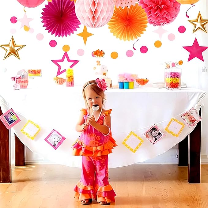 Hot-Pink Orange Fall Birthday Party-Decorations - 19pcs Autumn Summer Women Girls Streamers Banner,Paper Star Garland Lanterns Honeycomb Fan,Tissue Pom Poms,Wall Ceiling Backdrop Supplies Ouruola