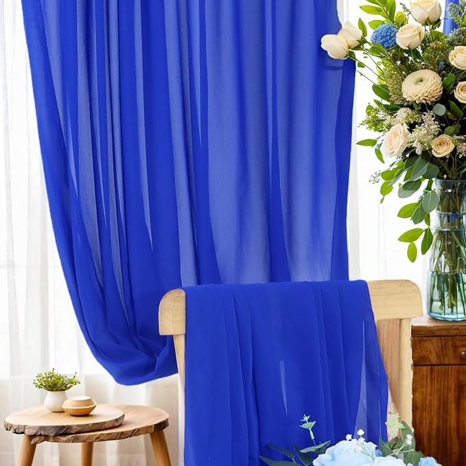 DUOBAO Royal Blue 5x20ft Chiffon Drapes 4pc Elegant Sheer Wedding Backdrop Curtains Chiffon Ceiling Drapes for Tent, Banquet Hall, and Photography