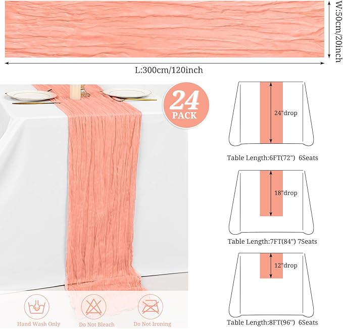 24 Pack Coral Cheesecloth Table Runner 10FT Cheese Cloths for Wedding Decor, 20x120inch Rustic Boho Gauze Table Runners for Wedding Party Bridal Shower Table Decoration