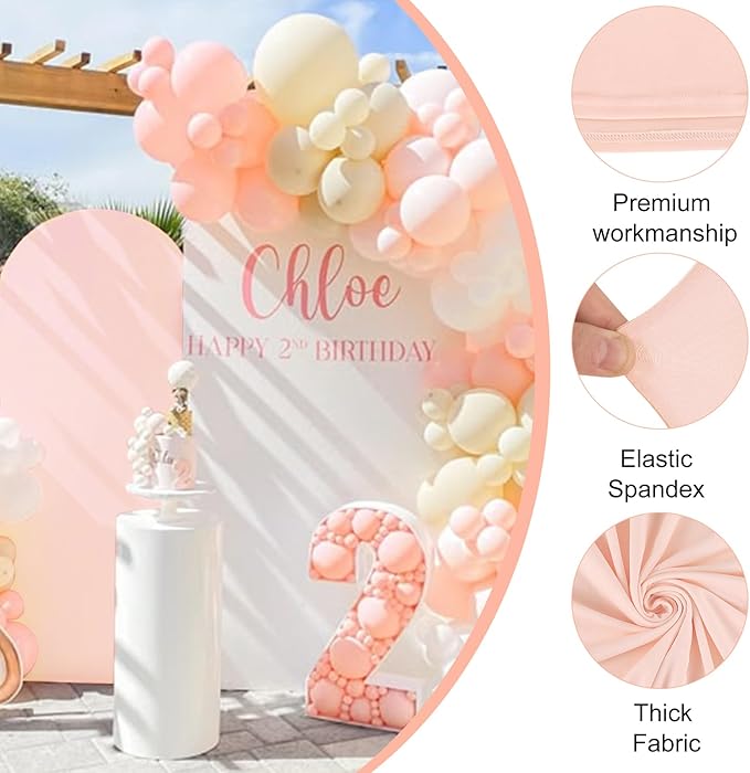Set of 2 Wedding Arch Cover 2-Sided Round Top Spandex Fitted Arch Backdrop Cover for Birthday Party Baby Shower Wedding Arch Stand Decor（7.2FT, 6.6FT, Light Pink）