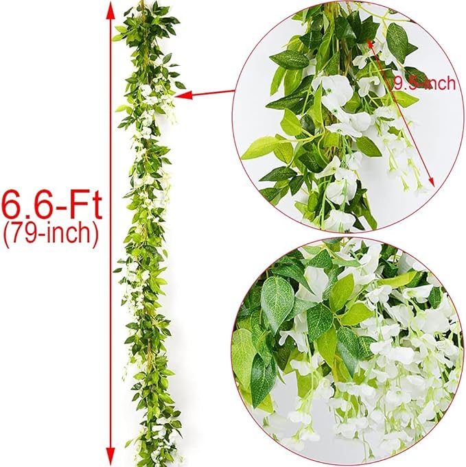 CLONG 5pack Wisteria Garland Flower Garland Artificial Flowers Wisteria Vines Fake Ivy Flowers Total 33ft (White)