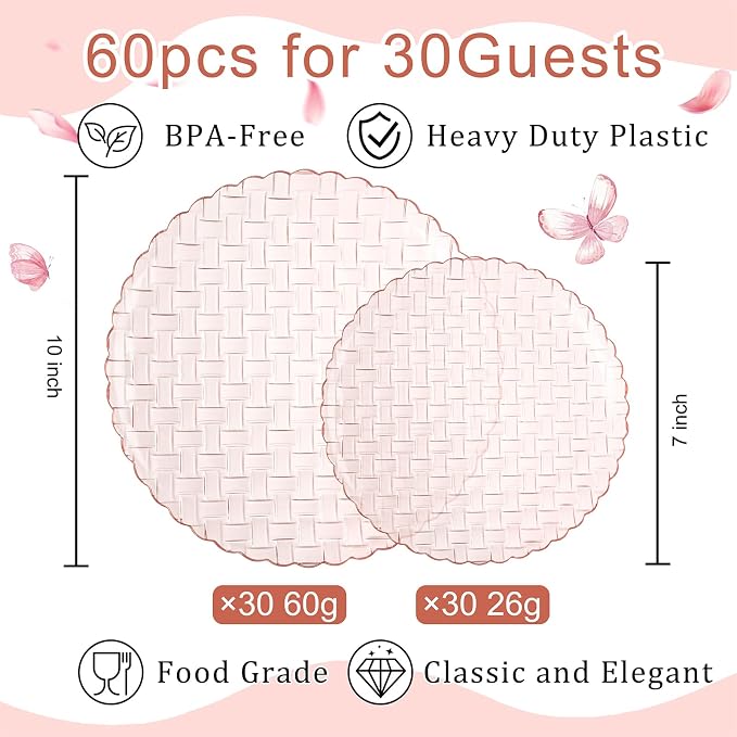Festiva 60PCS Clear Pink Plastic Plates - Heavy Duty Weave Pattern Fancy Disposable Plates -serve for 30 guests Include 30PCS 10" & 30PCS 7" Plates for Birthday & Easter Party(Pink)