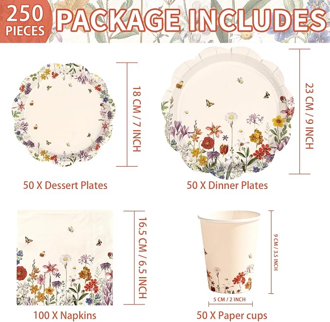 250Pcs Vintage Wildflower Party Supplies Retro Floral Scalloped Plates Napkins and Cups Butterfly Flower Tableware Set for Spring Summer Home Baby Shower Garden Party Decorations Serves 50
