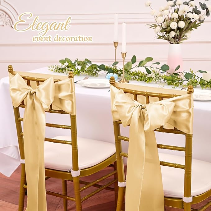 120 PCS Champagne Satin Chair Sashes, Ties Bows Designed Sashes for Washable Reusable Chair Covers Supplies for Wedding Reception Events Banquets Party Hotel Event Aisle Decorations (7 x 108 inch)
