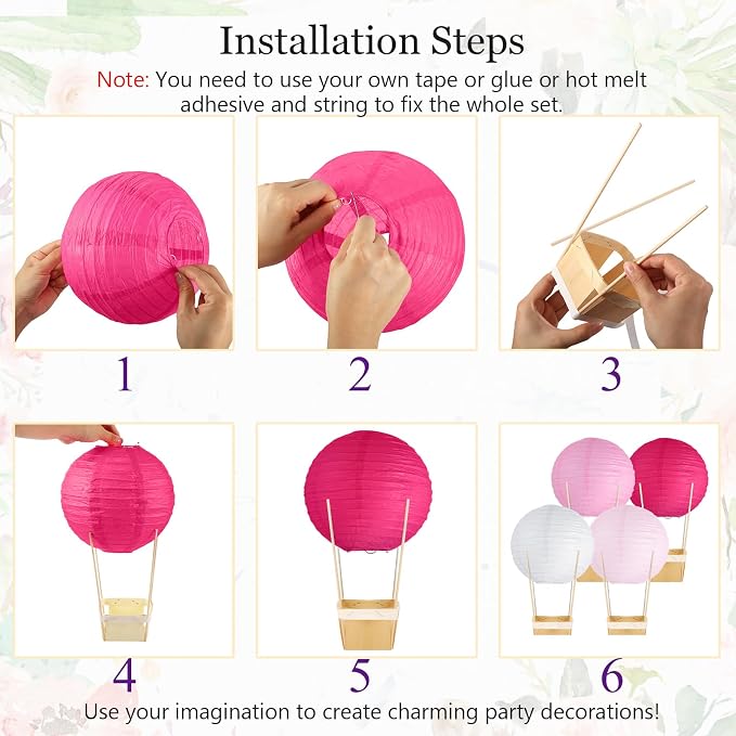 Namalu 24 Set Hot Air Balloon Table Centerpieces Baby Shower Party Decoration Paper Lanterns with Wooden Basket Sticks for Summer Birthday School DIY Craft(Hot Pink)