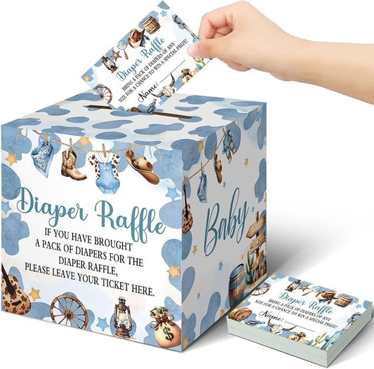 Teling 51 Pieces Diaper Raffle Tickets with Card Box Baby Shower Decorations Baby Shower Holder Box for Girl Boy Diaper Raffle Party(A Small Cowboy is on the Way)