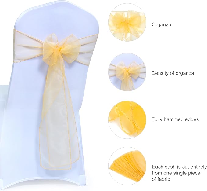 MDS® Pack of 10 Organza Chair Sashes for Wedding Decoration, Reusable Sheer Chair Bows for Banquet Chair Cover, Reception, Bridal Shower, Baby Shower, Birthday Party & Special Events - Gold