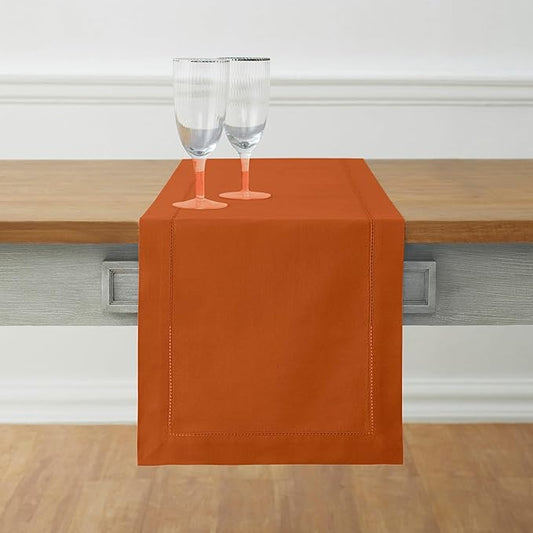 Solino Home Cotton Linen Cinnamon Table Runner 120 Inches Long - Hemstitch 14 x 120 Inch Table Runner for Mothers Day - Handcrafted and Machine Washable