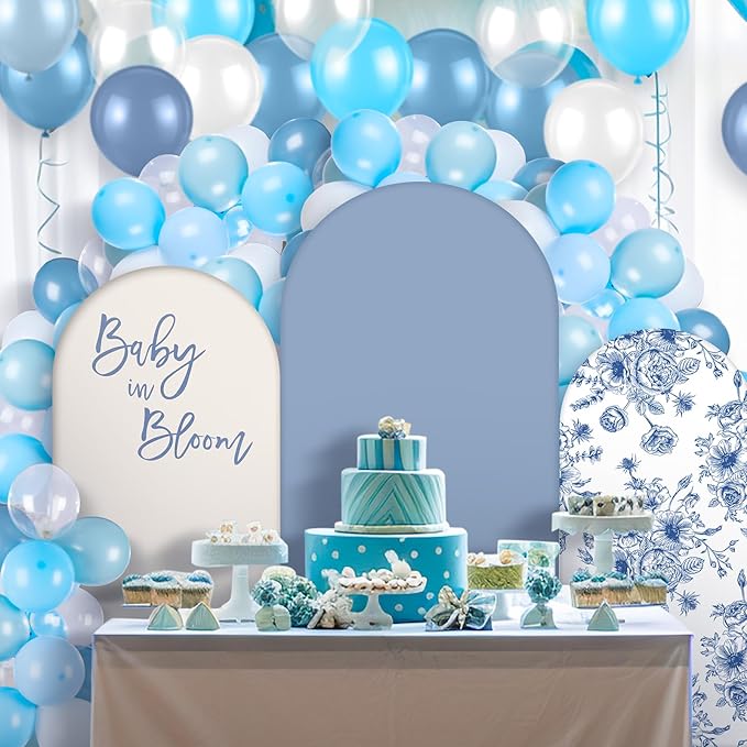 Foilswirl Baby in Bloom Balloon Arch Kit 34 Pcs Blue Baby Shower Party Decorations 4ft 5ft 6ft Blue and White Floral Spandex Arch Backdrop Cover with Balloons for Shower Decor