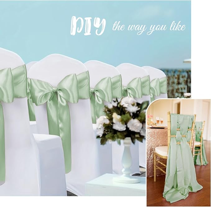 Pesonlook 60 PCS Sage Green Satin Chair Sashes Bows Satin Chair Sashes Universal Chair Cover for Wedding Reception Restaurant Event Decoration Banquet,Party,Hotel Event Decorations (7 x 108 inch)