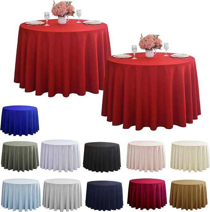 2-Pack Round 90-inch Red Table Cloths, Solid Stain and Wrinkle Resistant Circular Tablecloth, Premium Plain Weave Polyester Fabric Table Linen Covers for Hotel, Banquet