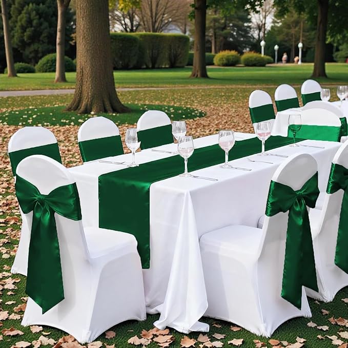 MDS Satin Chair Sashes, 125 Pack, 7”x108” Each, Decorative Chair Bows Ribbon Tie Backs for Wedding Party, Holiday Dinner, Birthday, Reception, Banquet, Hotel & Event Decoration - Hunter Green