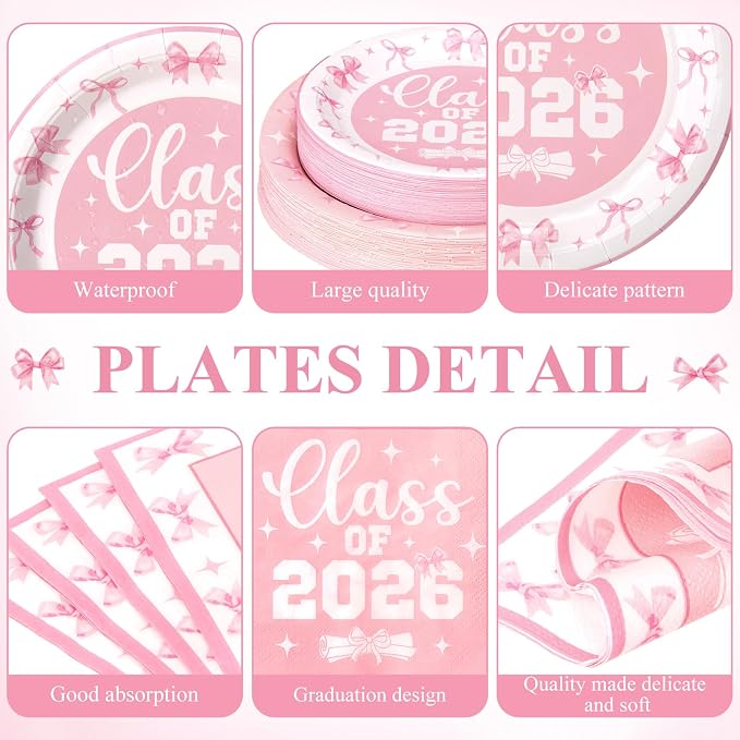 Funnymoom 400 Pcs Pink Bow Graduation Party Supplies, Coquette 2026 Congrats Grad Paper Plates and Napkins Cups Set with Spoons Forks Knives, Class of 2026 Tableware Set for Grad Party Decorations