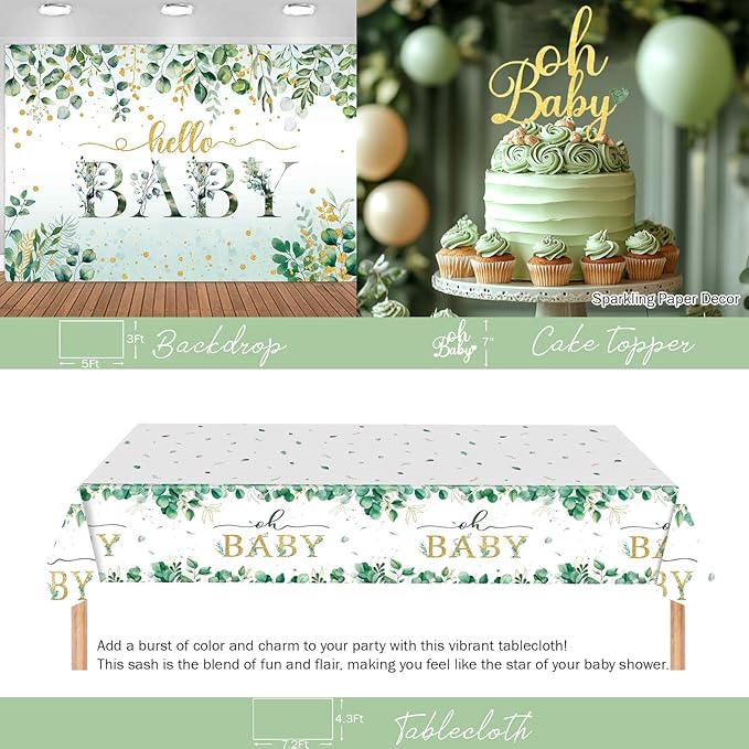 Sage Green Baby Shower Decorations, Greenery Tableware Party Supplies with Paper Plates Napkins Forks for 20 Guests Balloon Arch Kit Oh Baby Backdrop Tablecloth Cake Topper