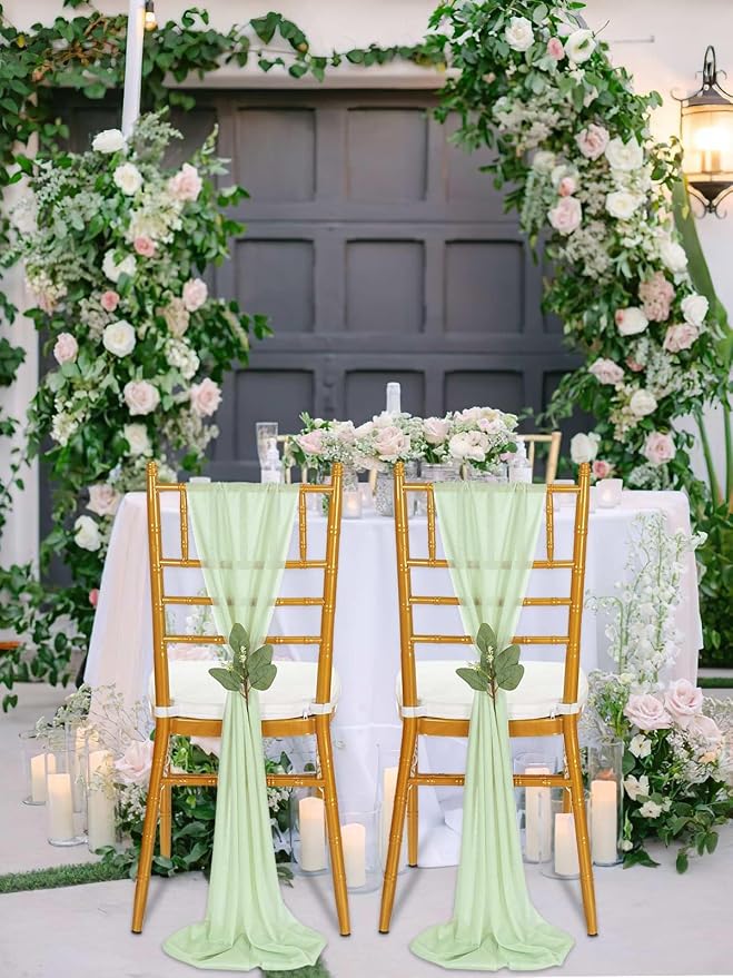 QueenDream Sheer Fabric Wedding Chair Sashes: 36PCS Tulle Church Chair Cover Long Chairs Bows Aisle Drapes Party Decorations Sage Green