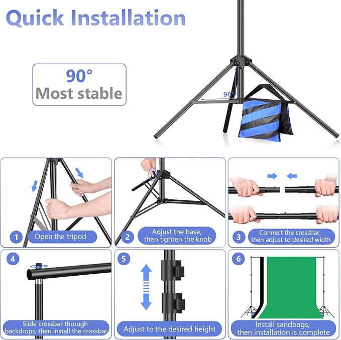 EMART Photo Video Studio Backdrop Stand Kit, 7×10ft Adjustable Photography Support System with Polyester Background(Black/White/Green Screen), Spring Clamps and Carry Bag for Photoshoot