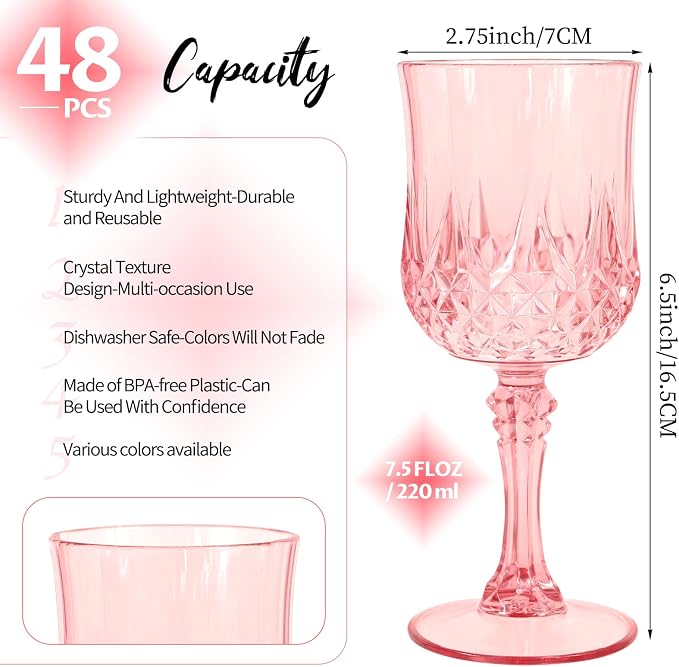 48Pack Pink Plastic Wine Glasses,Vintage Plastic Goblets for Parties, Light Pink Drinking Glasses Crystal Water Goblets Reusable for Wedding Reception, Grand Event Party Supplies