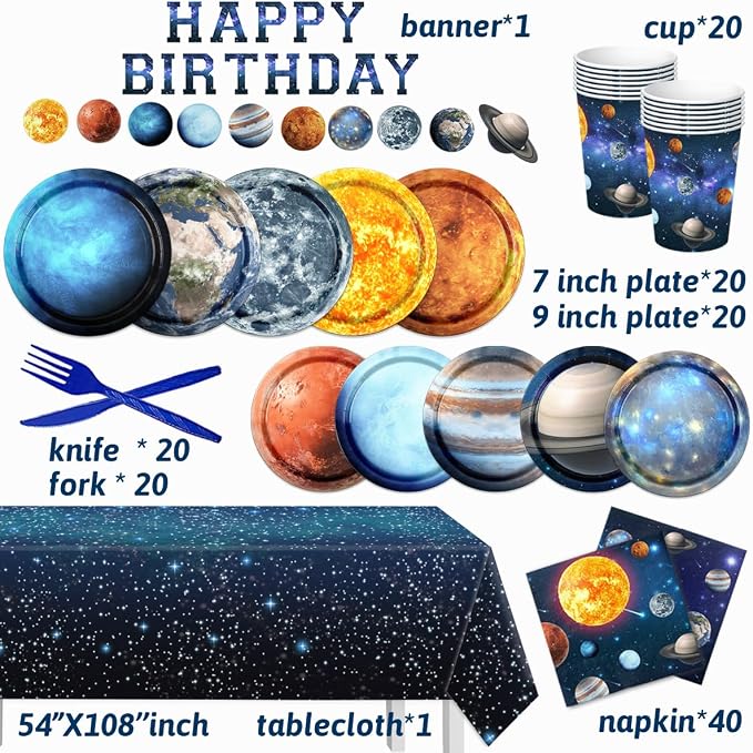 Space Theme Party Decorations-142Pcs Space Plates and Napkins Kit Galaxy Solar System Outer Space Tableware for Birthday Party
