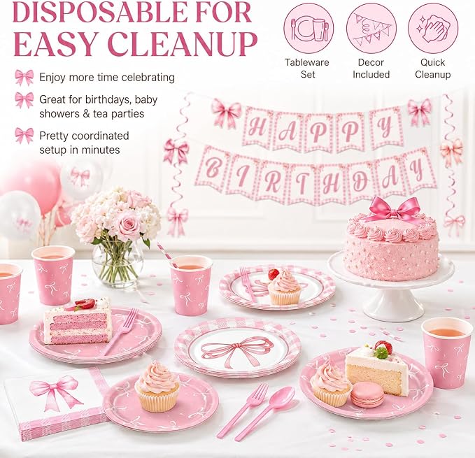 Glitter Diamond Theme Party Gold Plate Napkins Birthday Party Supplies Disposable Birthday Dinnerware Set,Girls Birthdays Party Plates Sets With Cups Forks knives Serve 24 (Pink Bow, 24)
