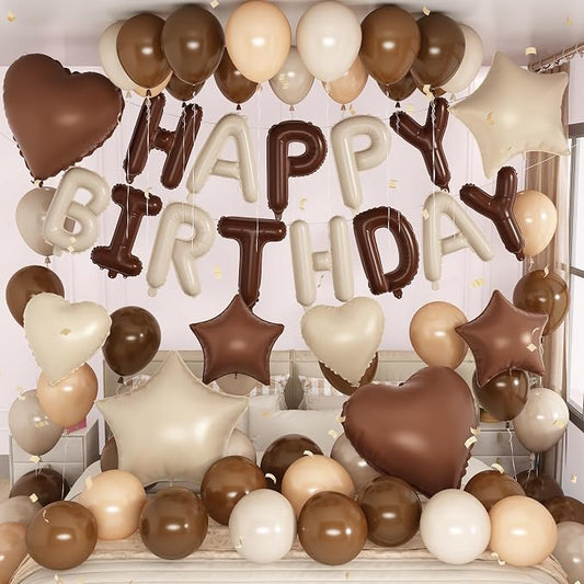 Cream Brown Birthday Decorations Boho Neutral Nude Brown Coffee Beige Apricot Sand White Balloons Happy Birthday Banner Heart Balloons 18/10 Inch Star Balloon for Women Bday Party Supplies