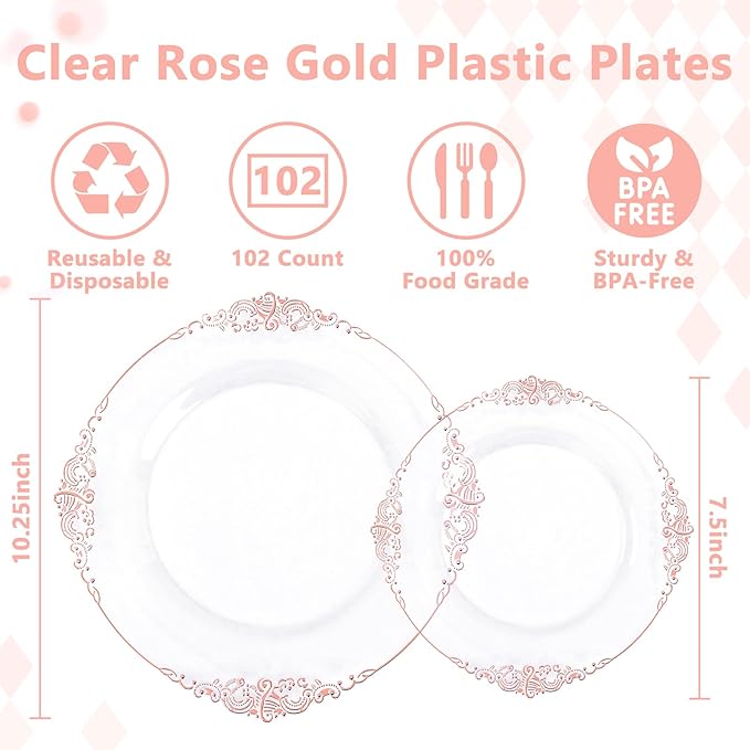 102PCS Rose Gold Plastic Plates - Clear Rose Gold Plate - Heavy Duty Disposable Plates - Fancy Disposable Dinner & Dessert Plate for 51 Guests for Party & Wedding & Mother's Day