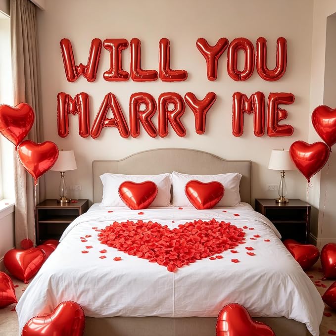 2 Set Red WILL YOU MARRY ME Balloons - 28pcs 16" Letter Balloons 10pcs 18" Heart Balloons with 1200pcs Red Artificial Rose Petals Alphabet Foil Mylar Balloons for Valentines Day Decorations