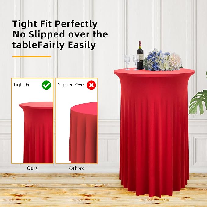 6 Pack Red Round High Top Table Cloth 3243 Inch, Wrinkle Free Stretch Spandex Highboy Tablecloths With Skirt for Cocktail Party Banquet Birthday Bar