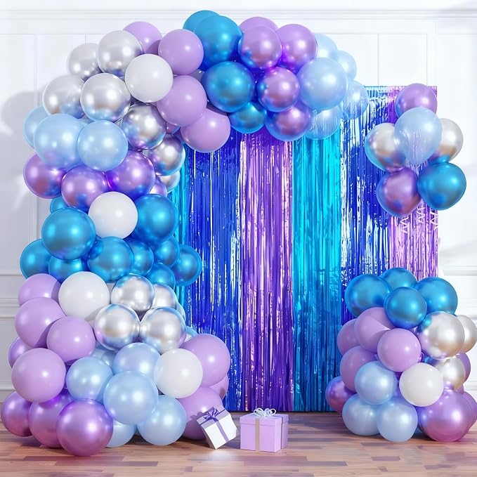 Blue Purple Balloon Garland Arch Kit Birthday Party Decorations, Music Themed Foil Fringe Curtains Backdrop Tinsel Streamer Photo Booth Props for Christmas Winter Wonderland Party Decor Supplies