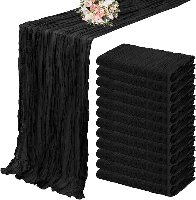 12 Pack Cheesecloth Table Runner 10FT, Boho Gauze Table Runner, Semi-Sheer Table Runners Rustic Wedding Table Decor, Bridal Shower, Birthday Party, Romantic Wedding Runner (Black)